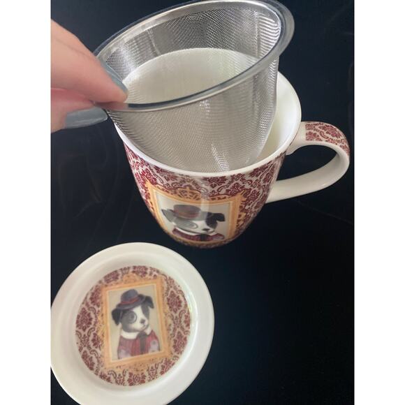 Retro Kitsch Puppy Top Hat Ascot Monocle Porcelain Tea Cup Strainer Lid‎ by Efya - Picture 3 of 12